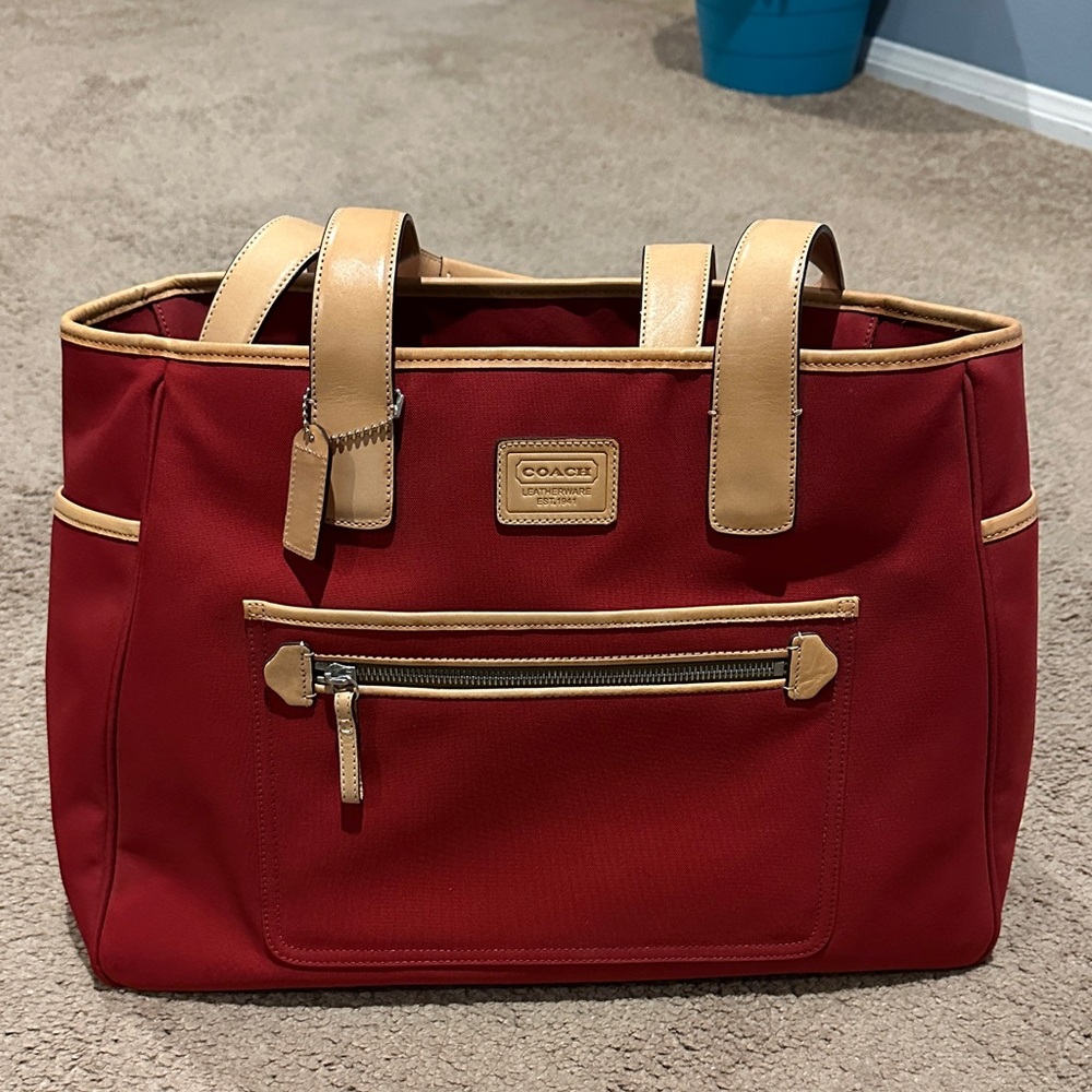 COACH HAMPTONS RED CANVAS VACHETTA TAN LEATHER TRIM MULTI BABY DIAPER TOTE BAG